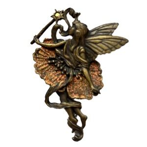 JJ Jonette Jewelry Bronze Tone Orange Glitter Poppy Fairy Brooch 80s Signed Pin